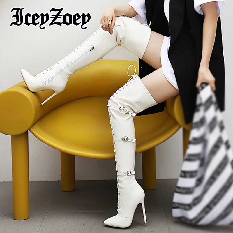 

IceyZoey Size 30-48 Over Knee Boots High Heel Shoes For Women Belt Fashion Long Boots 2022 New Sexy Club Female Footwear
