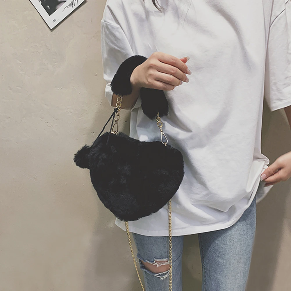 

Women Plush Fur Bag Heart Shape Brand Designer Handbag Female Chain Zipper Mini Shoulder Bag Fluffy All-match Phone Evening Bags