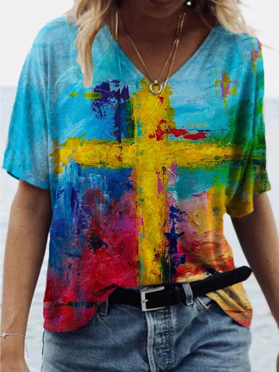 

2022 New Summer Round Neck Ladies 3D Printing T-Shirt, Cross Fashion Casual Beautiful Sexy Ladies Short Sleeves
