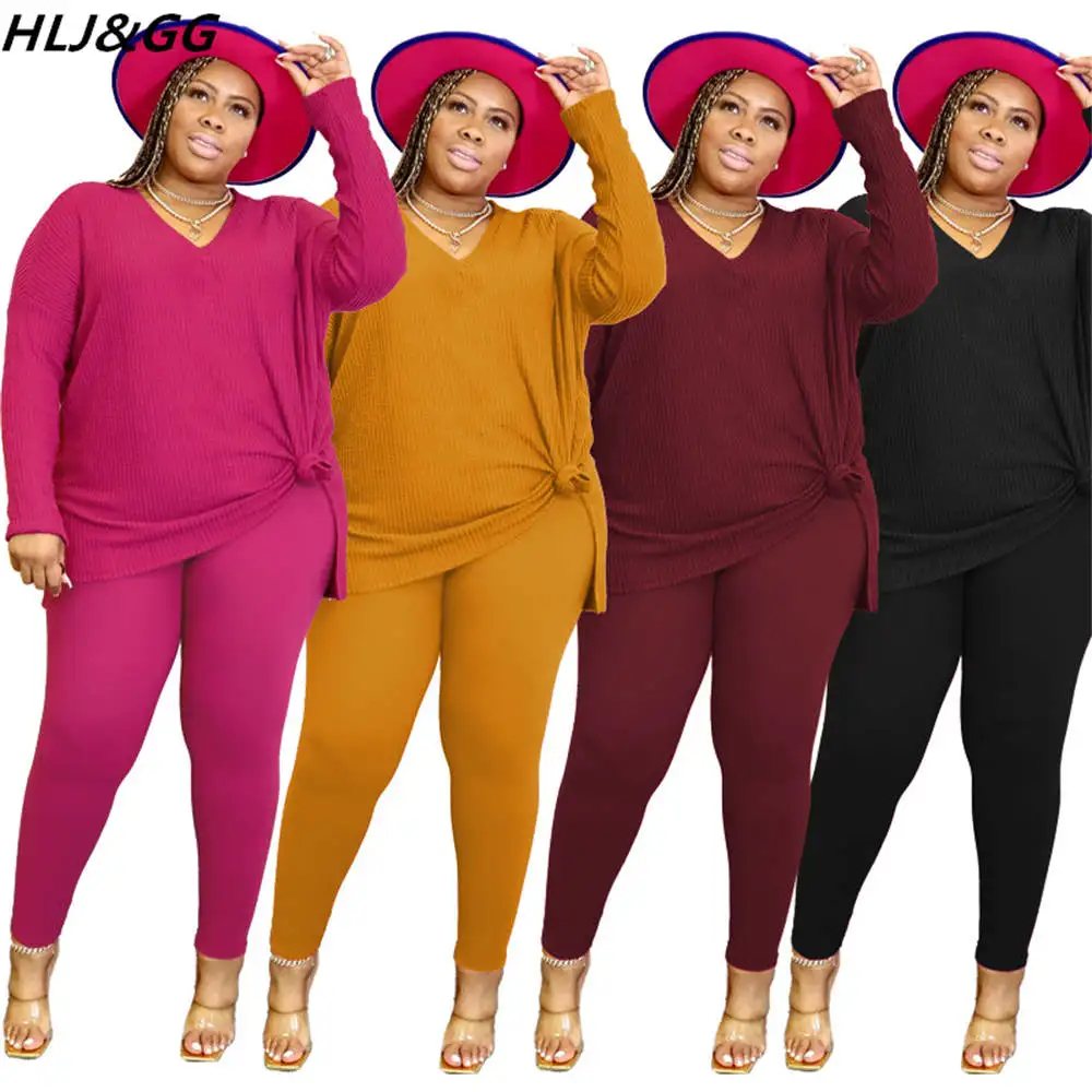 HLJ&GG Fall Winter Plus Size Tracksuits XL-5XL Women Round Neck Long Sleeve Side Slit Top And Skinny Pants Two Piece Sets Outfit