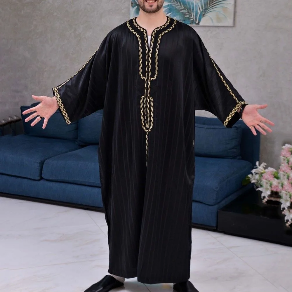 

Abaya For Men Arabic Islamic Pakistan Abaya Muslim Men Robe Loose Casual V-neck Middle Sleeves Robe Muslin Men Clothing