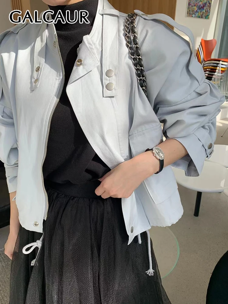 

GALCAUR Solid Trench For Women Round Neck Long Sleeve Patchwork Drawstring Button Loose Trenches Female Autumn Clothing 2022 New