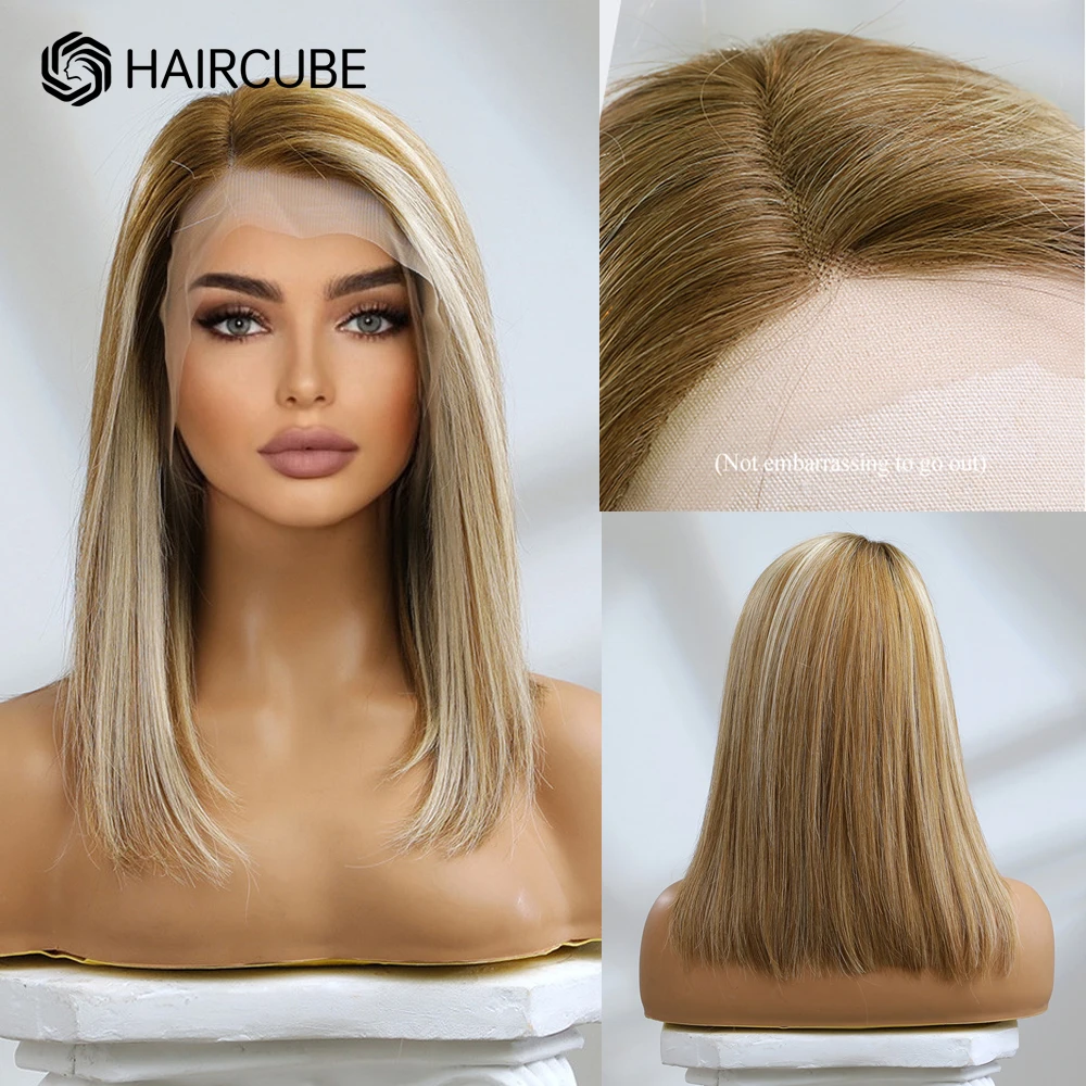 Brown Highlight Wig Human Hair Straight Bob Lace Frontal Wigs for Women 14 inch Blonde Remy Human Hair Side Part Lace Part Wig