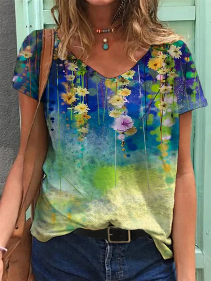 

Women Short Sleeve T-shirts Summer Tops Casual Loose Oversized T-shirt Fashion Flower Print Ladies V Neck Top Plus Size 5XL