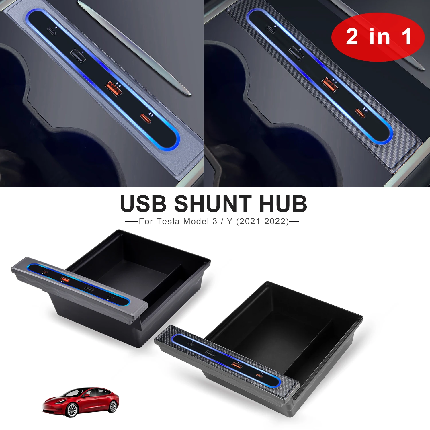 

For Tesla Model 3 Y 21-22 27W Quick Charger Docking Station 모델3 모델y USB LED Shunt Hub Extension With Center Console Storage Box