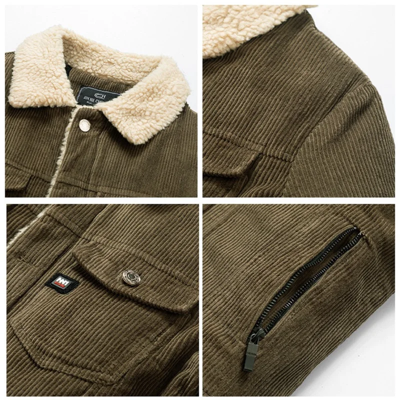 Corduroy Plush Warm Jacket Men Autumn and Winter Lapel Multi-Pocket Workwear Coat Outdoor Sports Leisure Jacket Men Clothing