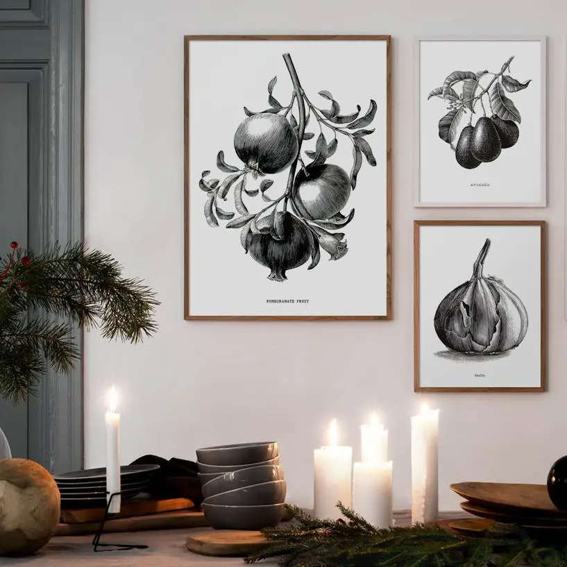 

POMEGRANATE FRUIT Garlic Avocado Sketch Nordic Posters And Prints Wall Art Canvas Painting Wall Pictures For kitchen Room Decor