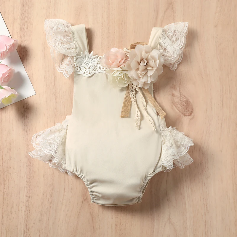 SummerBaby Girl Bodysuits Sleeveless Square Neck Lace Hem Solid Color Flower Stitch Playsuit Lace Rompers Dress Clothing