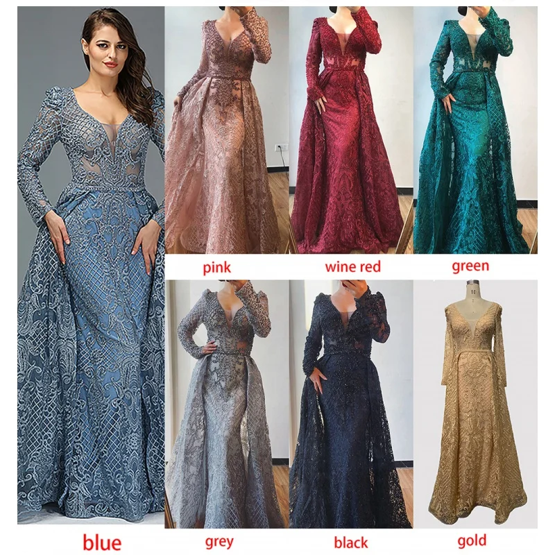 

Blue Beaded Mermaid Evening Dresses Customized Women V Neck Long Sleeves Plus Size Over Skirt Party Gowns