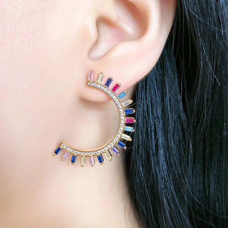 

South American style earrings women's all-match geometric semicircle colored glass stone earrings fashion temperament jewelry