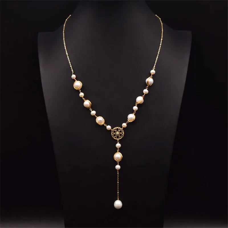 

Цепочка с натуральным пресноводным жемчугом женская, роскошное ожерелье ручной работы, длинная цепочка с кулоном из жемчуга, свадебная биж...