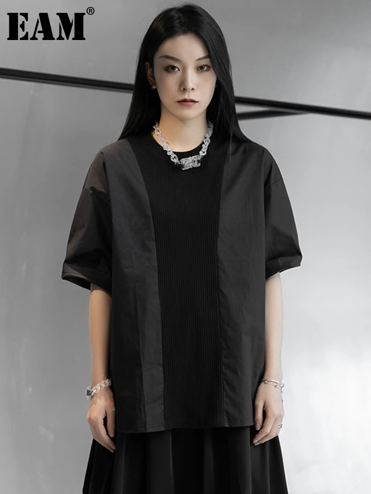

[EAM] Women White Striped Big Size Casual Loose Fit T-shirt New Round Neck Half Sleeve Fashion Tide Spring Summer 2022 1DD7720