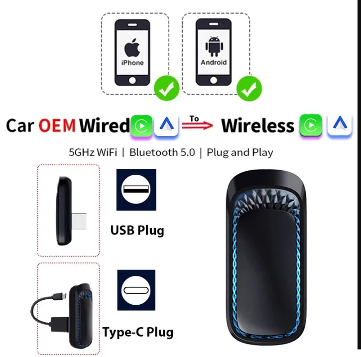 

Проводной к беспроводному адаптеру CarPlay RGB Android Auto для OEM-автомобильного радио с USB / Type-C Plug and Play Smart Link Phone CarPlay