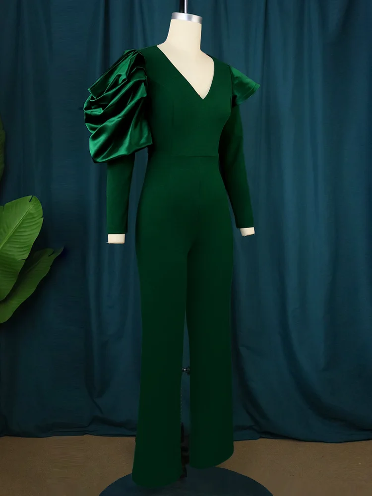 Plus Size Elegant Jumpsuit for Women Autumn V Neck Irregular Puff Long Sleeve High Waist Office Lady One Piece Night Club Party