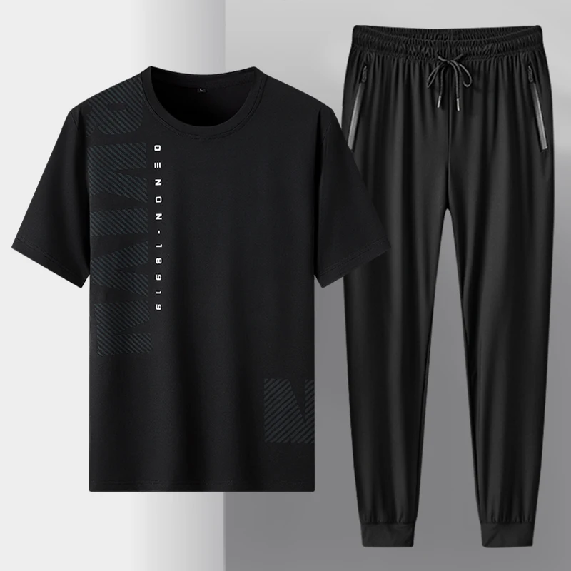 

2022 New Men Sets Men Workout Running Sports Suit 2 Pcs Set Crew Neck Quick Dry T-shirt + Jogging Casual Trousers Men Sportswear