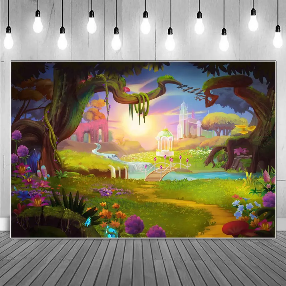 

Wonderland Castle Heaven Forest Photography Backgrounds Cartoon Viny Fairy Tale Magic Tree Backdrop Photographic Portrait Props