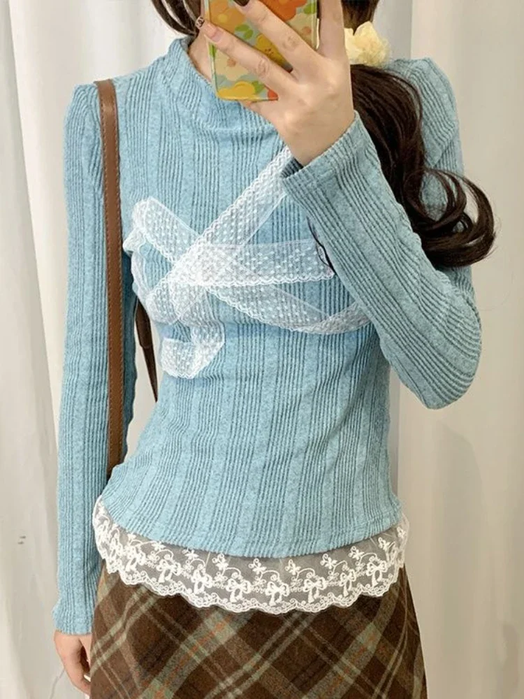 HOUZHOU корейский стиль с бантом Y2k вязаный пуловер женский милый кружевной свитер