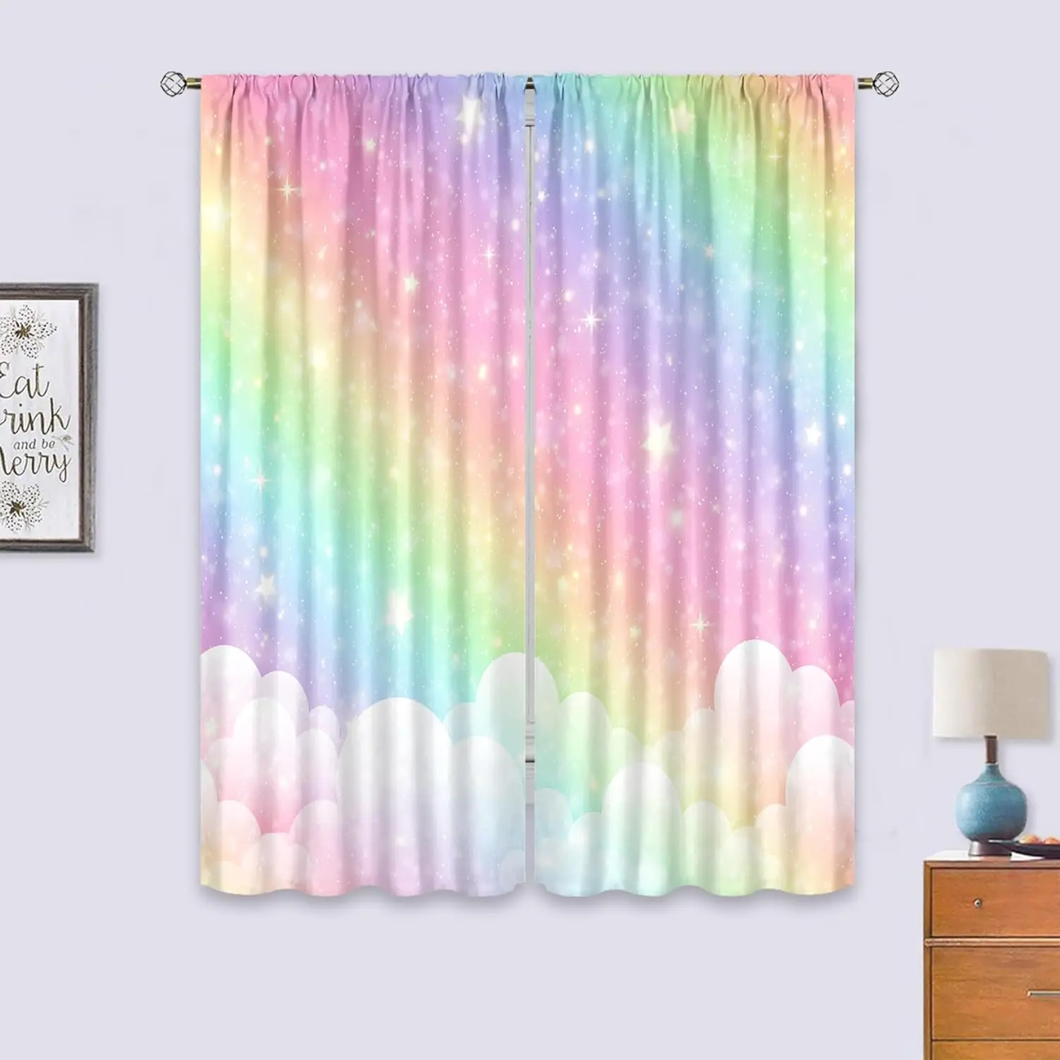 Фото Cinbloo Радужные шторы 29Wx63H дюймов с карманами для стержней, детские пастельные шторы с героями мультфильмов для девочек, милые красочные небесные облака, звезды, эстетическое искусство №3