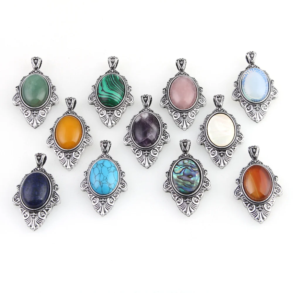 

Natural Abalone Shell Semi-Precious Stone Pendant Oval Turquoise Red Agate Necklaces Pendants for DIY Jewelry Making Charms Gift