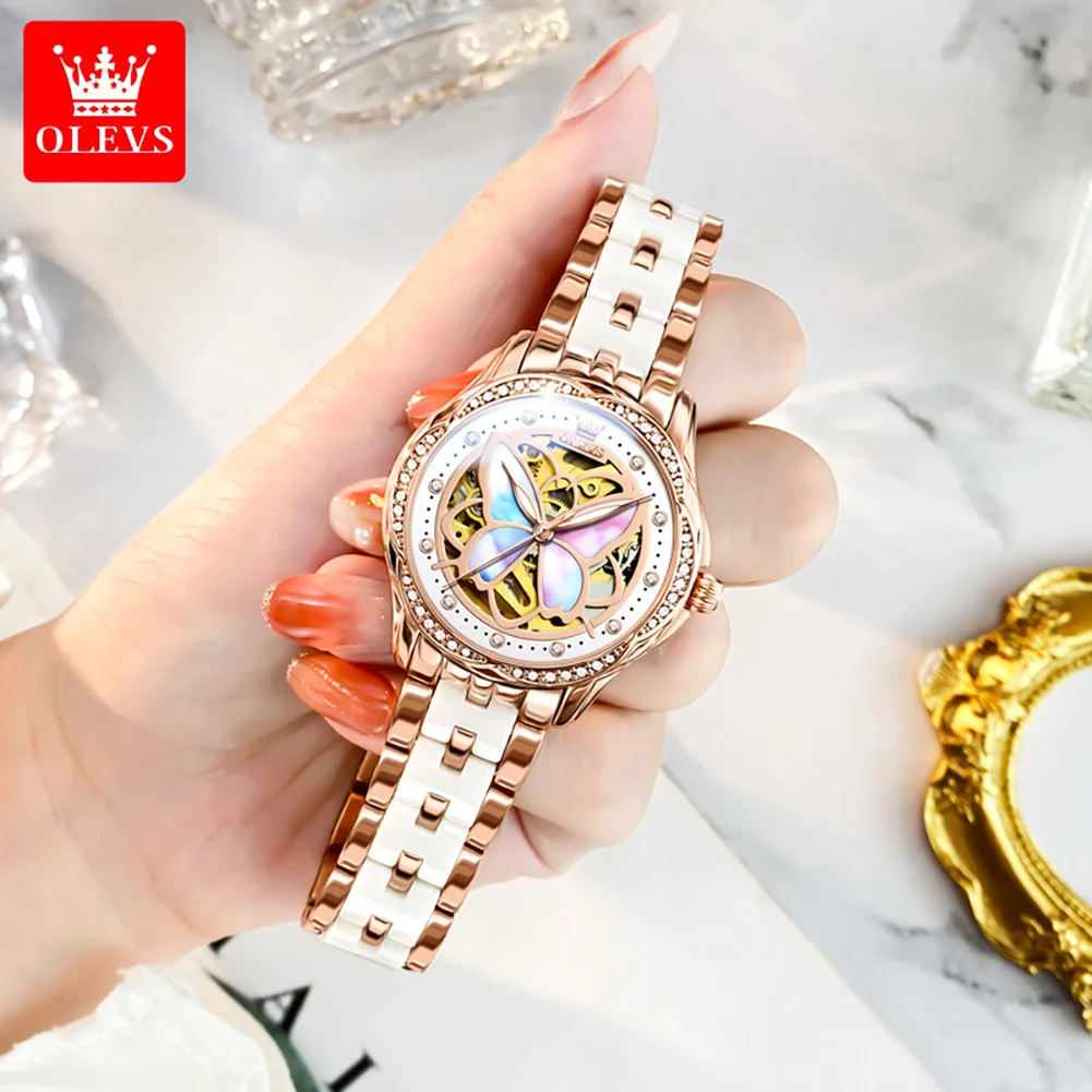 OLEVS Brand Luxury Women Mechanical Watch Ladies Fashion Waterproof Luminous Hands Ceramics Automatic Wristwatches Reloj Mujer