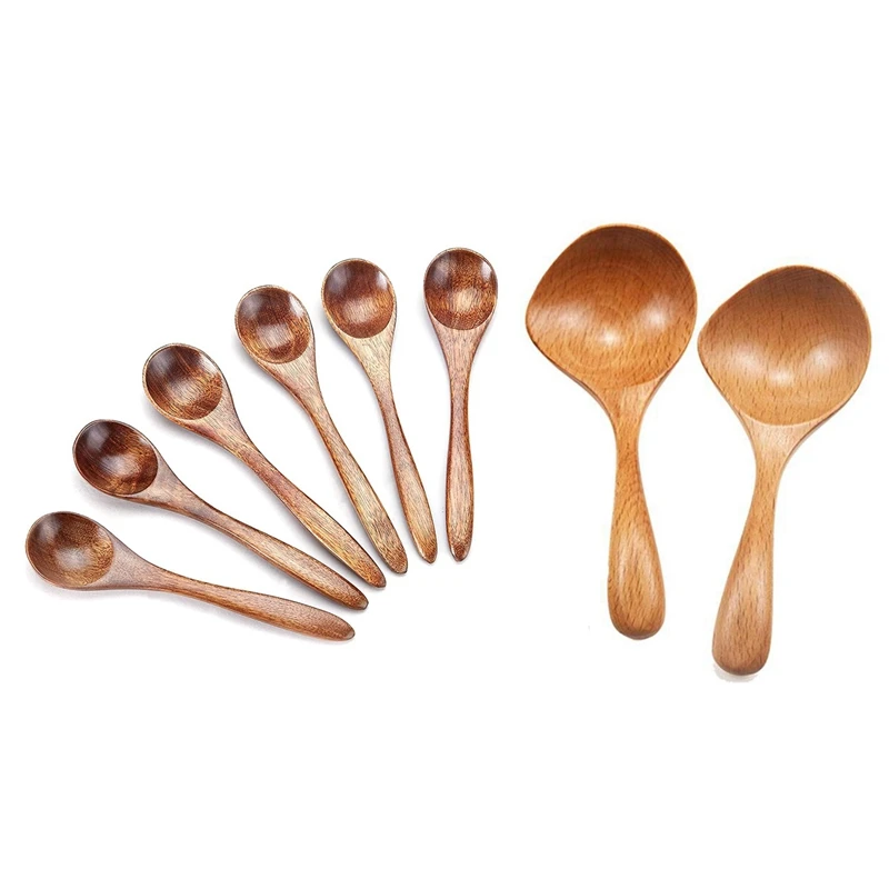 

6X Small Wooden Spoons & 2 Pcs Wooden Soup Ladle Long Handle Large Spoon Wood Scoop Kitchen Serving Spoon