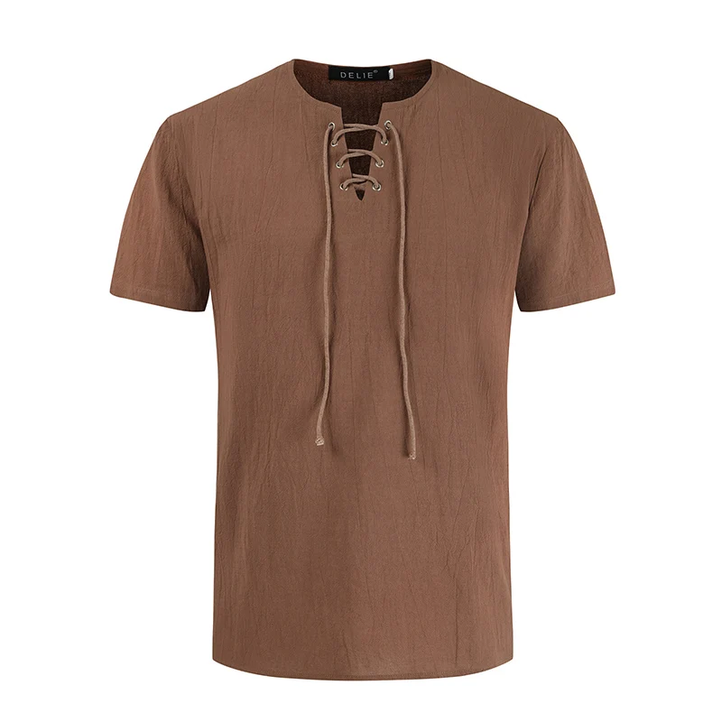 

Summer New Men's Casual Tethered Solid Color T-shirt Loose Linen Top