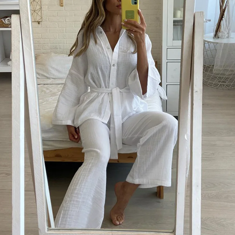 

Casual Solid Long Sleeved Pajama Set Simple Double-layer Gauze Breathable Sweat Outfits ​Elegant Comfortable Homewear Women Suit