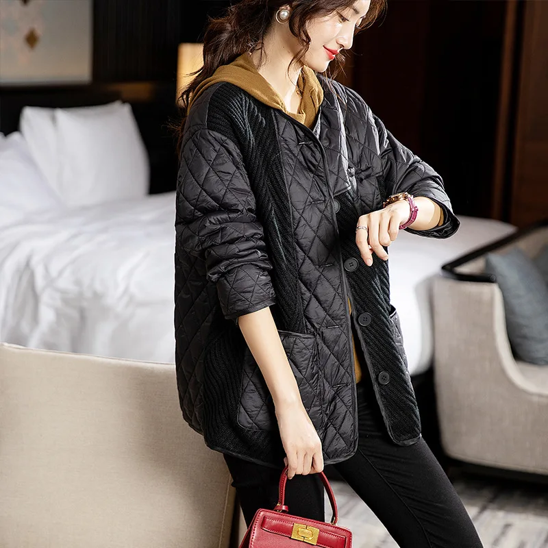 Rhombus Cotton Coats Women's Clothing New Autumn Winter 2023 Knitted Stitching Loose Casual Large Size Cotton Jackets AC126