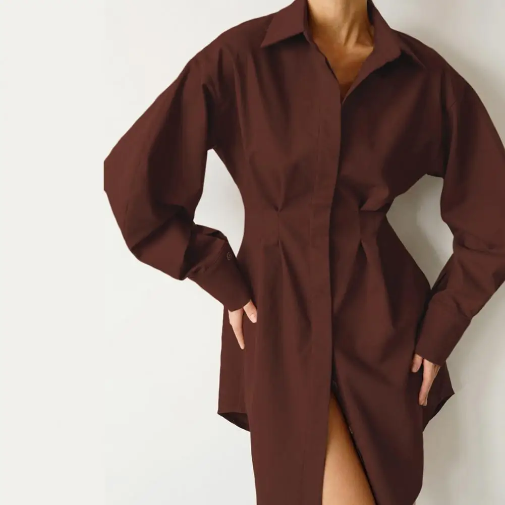 

Shirt Dress Lapel Fashion Dress Women Long Sleeve Pleated Shirt Dress