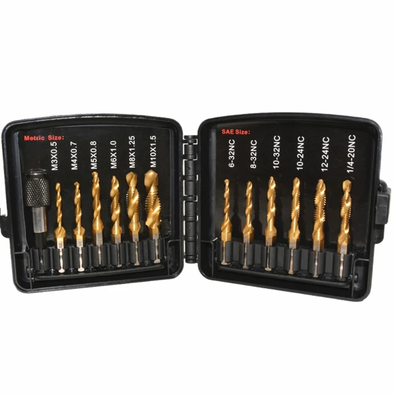

Titanium Combination Drill Tap Bit Set 13 Pcs SAE & Metric Tap Bits Kit for Screw Thread Drilling Tapping HSS Durable