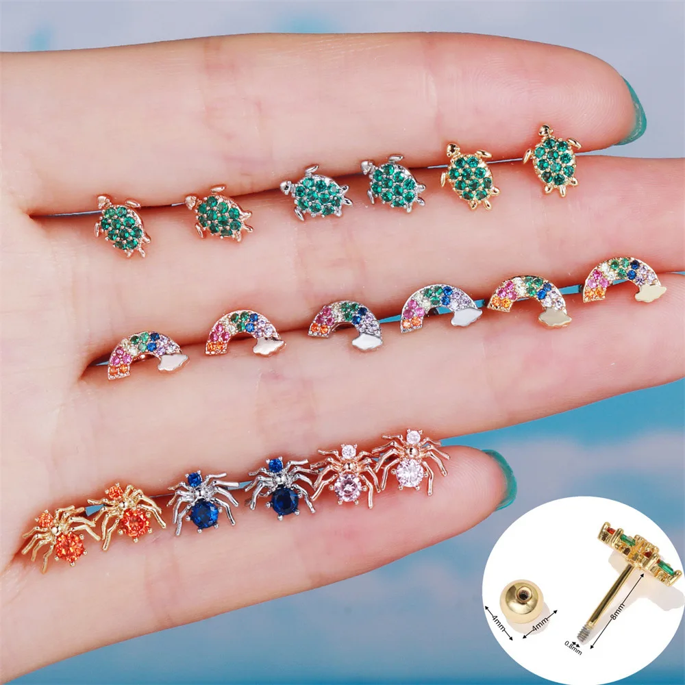 

SOHOT 1Piece Stainless Steel Rod Zircon Spider Turtle Rainbow Stud Earrings Piercing Screw Ball For Women Fashion Party Gift