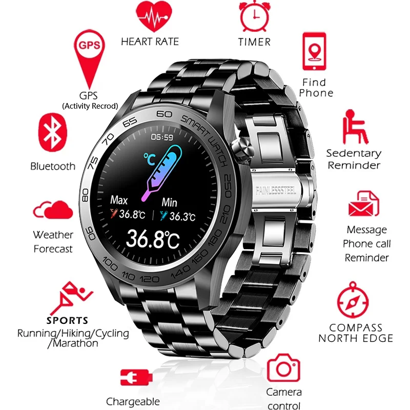 

2021 Pełna Zegarek Smart Watch Z Ekranem Dotykowym Mężczyźni Temperatury Ciała Zapis Aktywności Smartwatch Monitorujący Tętno