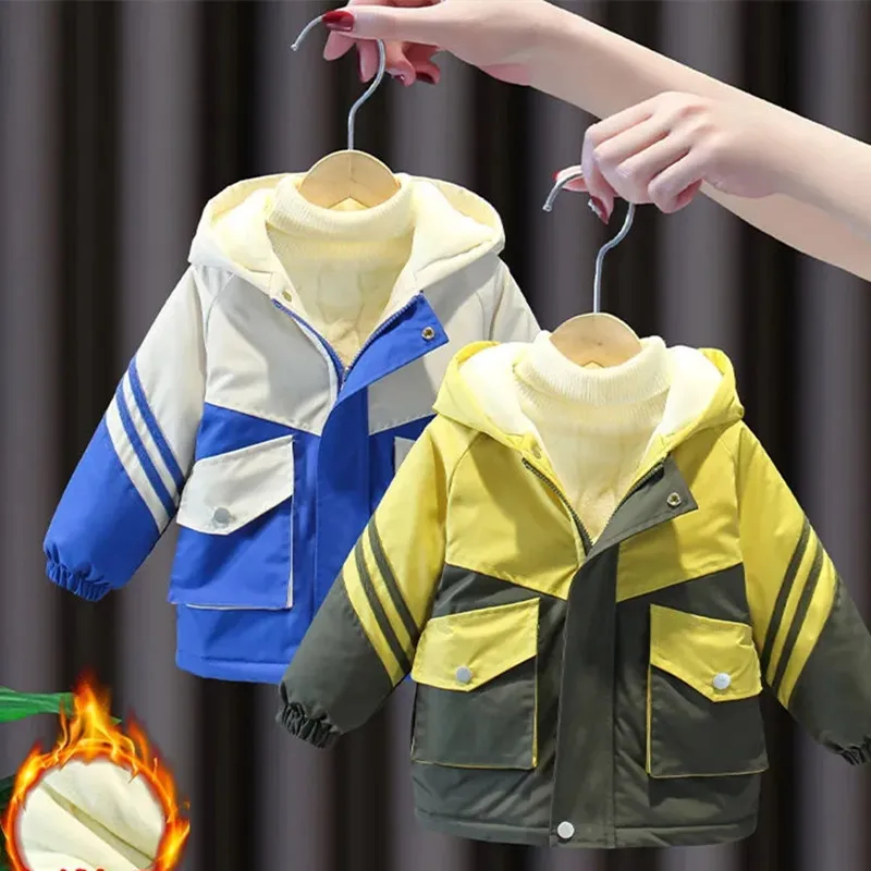 Толстая Вельветовая куртка с капюшоном для маленьких мальчиков хлопковое пальто осенне-зимняя детская теплая одежда для мальчиков, верхня...