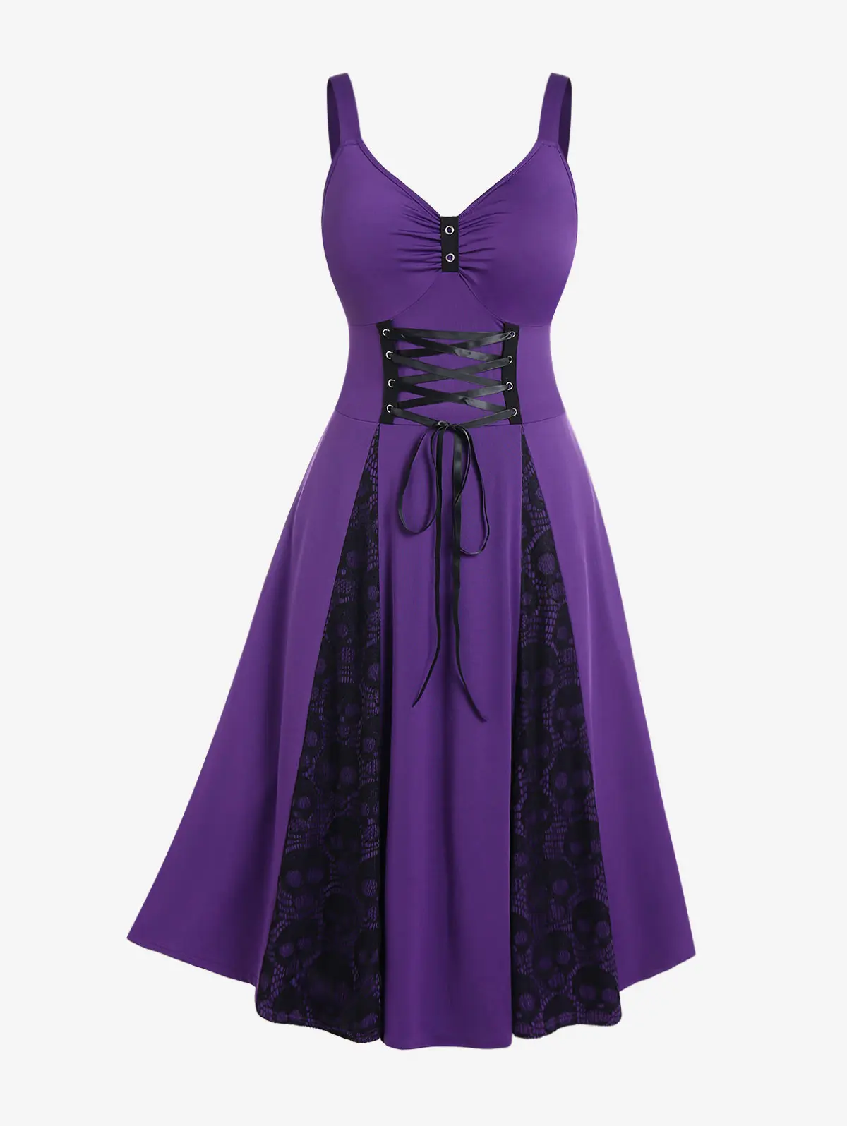 

ROSEGAL Gothic Lace-up Lace Overlay Midi Dress For Women Summer Sleeveless Ruched Vestidos Female Casual A-Line Dresses Purple