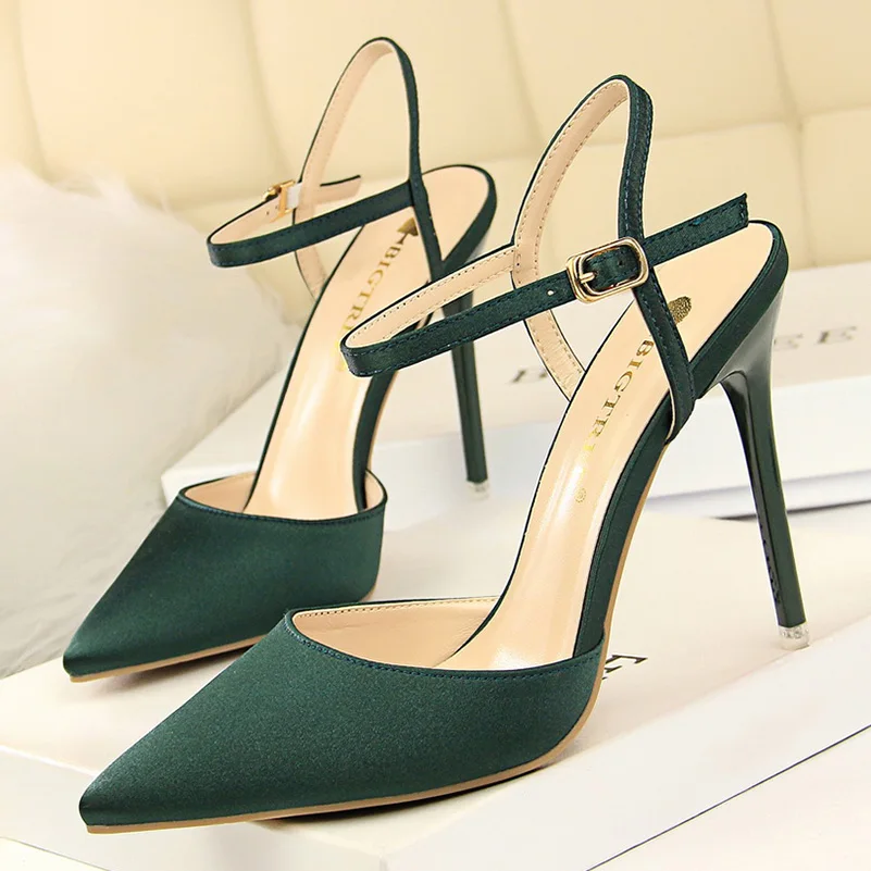 2023 Summer Women 10cm High Heels Party Sandals Lady Sexy Pointed Toe Silk Green Burgundy Sandles Prom Nightclub Stripper Shoes