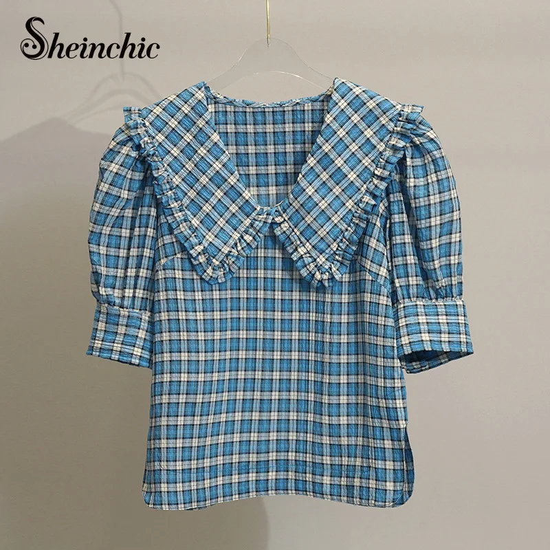 

Blue Plaid Blouses for Women Fashion 2022 Summer Elegant Short Sleeve Tops Mujer Vintage Blusa Feminina