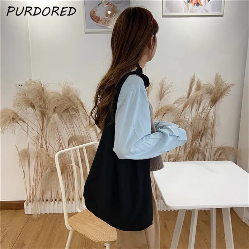 

PURDORED 1 Pc Women Floral Shoulder Bag Korean New Solid Color Female Tote Bag Reusable Female Student Shopping Bag Pouch