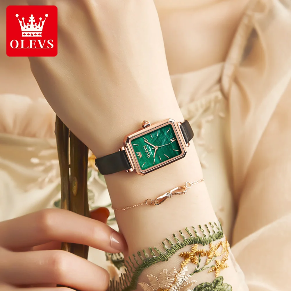 OLEVS Top Brand Luxury Square Quartz Watch For Woman Green Dial Rose Gold Stainless Steel Watches Waterproof Fashion Clock enlarge