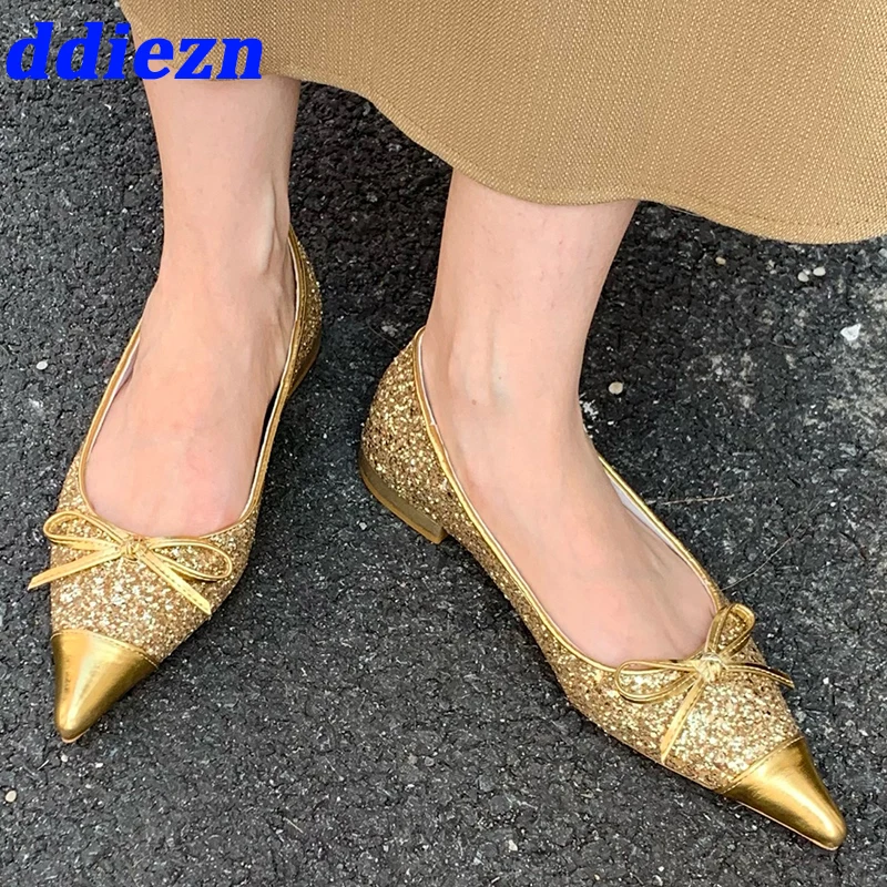 

Summer Ladies Flats Shoes Fashion Bling Butterfly-Knot Shallow Female Metal Pointed Toe Women Boat Shoes Slides 2023