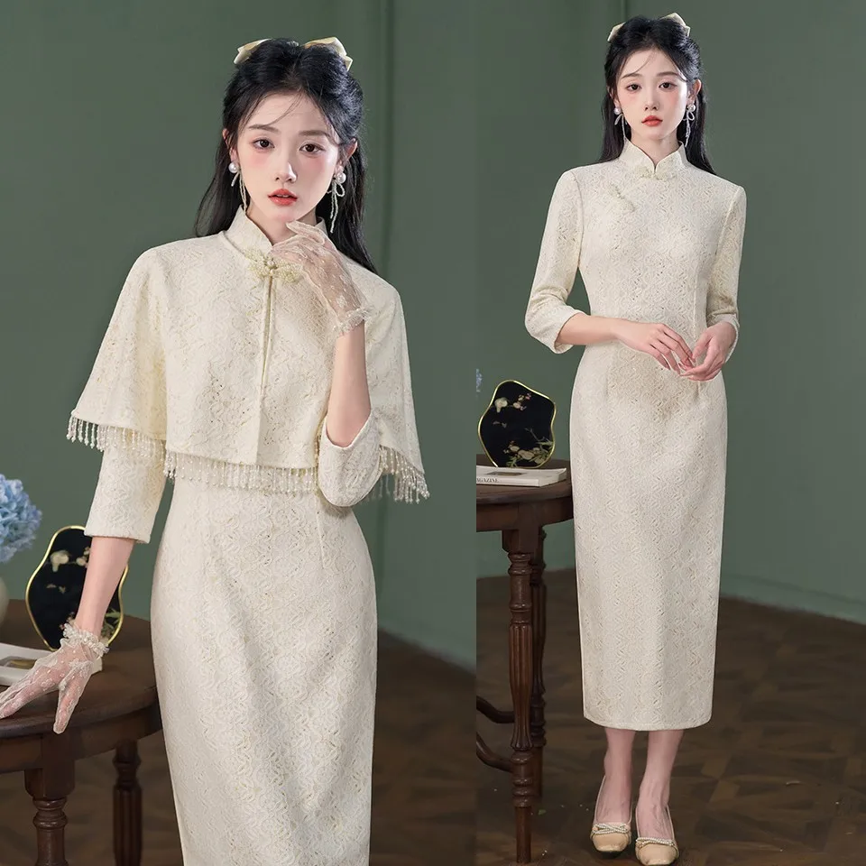 Женское облегающее платье-Ципао с белым кружевом новое китайское традиционное