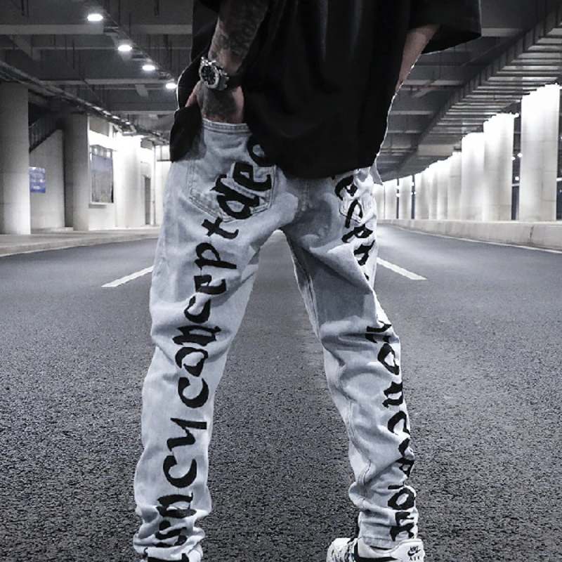 European And American High Street Letters Blue Straight Jeans OnThe Back Of Men's Slim Straight-leg Hip Hop Trousers