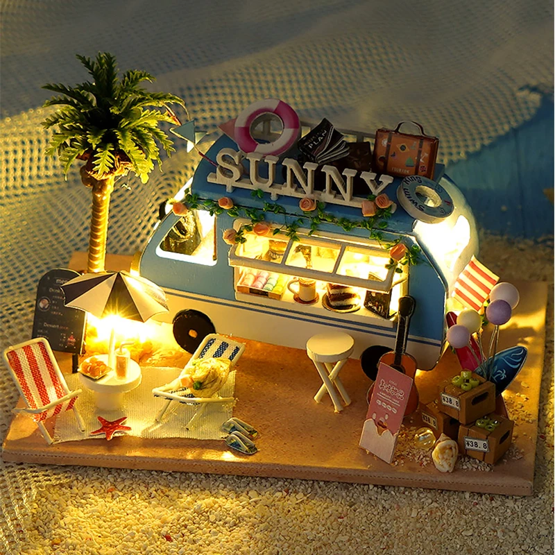 new diy mini car ocean shop casa wooden doll house miniature building kits dollhouse with furniture lights toys for girls gifts free global shipping