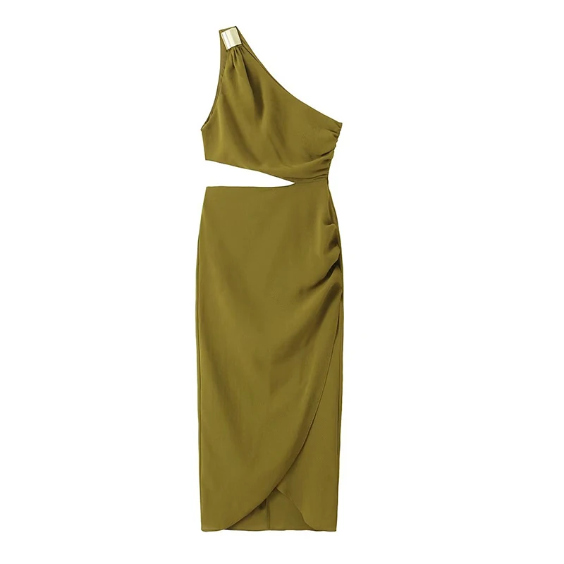 

Женское платье средней длины составного кроя золотистого и оливкового цветов