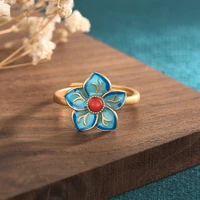 china style vintage accessories exquisite flower design open ring copper gold plated alloy drip oil red stone rings for women