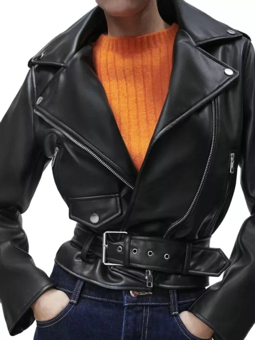 

Free shipping New Spring Autumn Women Blue Faux Leather Jacket Ladies Solid With Belt Zipper Biker Coat Female Casual Outwear Ve
