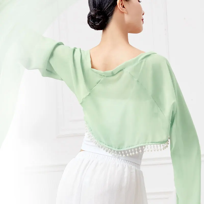 New Woman Ballet Tops Adults Cardigan With Pearls Hem Mesh Trumpet Sleeves Dance Coat Tops