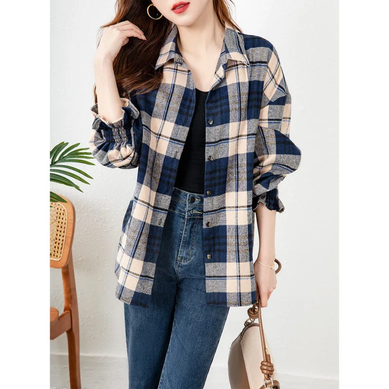 Женская блузка рубашки с длинными рукавами осенняя клетчатая сезонная новая