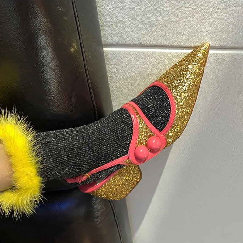 

Женские босоножки на толстом каблуке, желтые остроносые сандалии на липучке, Корейская версия, весна-лето 2022