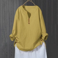cotton linen blouse buttons v neck long sleeve blouses women tops apricot yellow oversized loose shirt casual blusas mujer