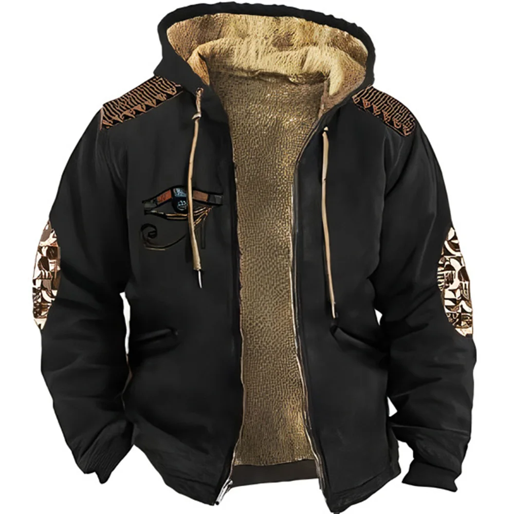 

2023 Winter Zipper Hoodies for Men Fleece Jacket Clothing Tribal Traditional Print Sweatshirts Holiday Outerwear Hooded Clothing